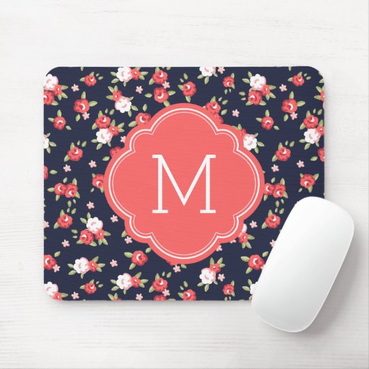 Koraal en Navy Chic Bloemenprint Monogram Muismat (Met muis)