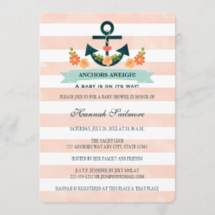 Koraal en Navy Nautisch Anker Baby shower Kaart
