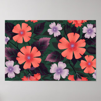 Koraal en Paarse bloemen met donkere bladeren Poster