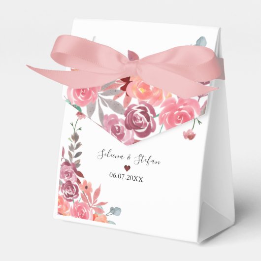 Koraal en perzik Waterverf bloemenbruiloft taart Bedankdoosjes (Voorkant Zijde)