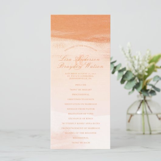 Koraal en perzik Waterverf Wash bruiloft programma (Staand voorkant)
