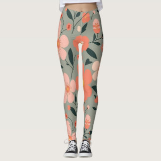 Koraal en roze bloemen op groen leggings