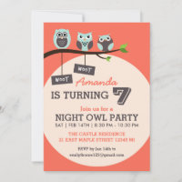 Koraal en Roze Night Owl Birthday Party Invitation