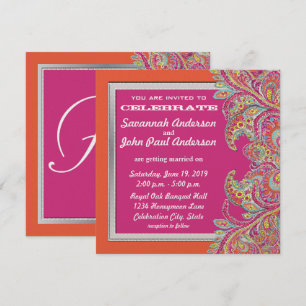 Koraal en Roze Paisley Peacock Wedding Invitations Kaart