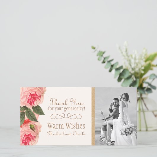 Koraal en Roze Pioenen Dank u Fotokaart (4x8) Bedankkaart (Staand voorkant)