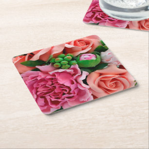 Koraal- en roze Rozen bloemen Vierkante Kartonnen Onderzetter