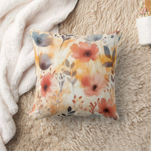 Koraal en Smoky Blue Moderne Kunstbloemen Kussen