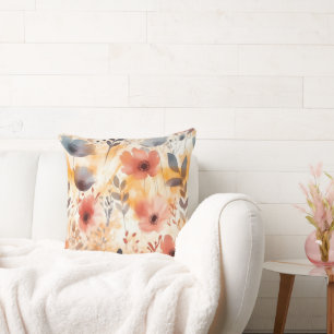 Koraal en Smoky Blue Moderne Kunstbloemen Kussen