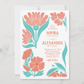 Koraal en Turquoise Boho Retro bruiloft uitnodigin Kaart (Voorkant)