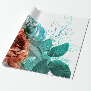 Koraal en Turquoise Floral Cadeaupapier