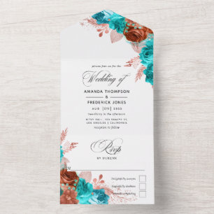 Koraal en Turquoise Waterverf Floral Wedding All  All In One Uitnodiging