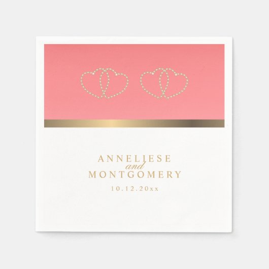 Koraal en wit met gouden harten servetten (Voorkant)