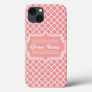 Koraal en wit Quatrefoil Lattice Specialized iPhone 13 Hoesje