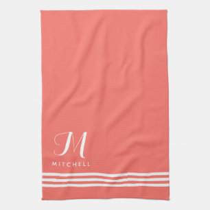 Koraal en wit, verfijnde strips en monogram theedoek