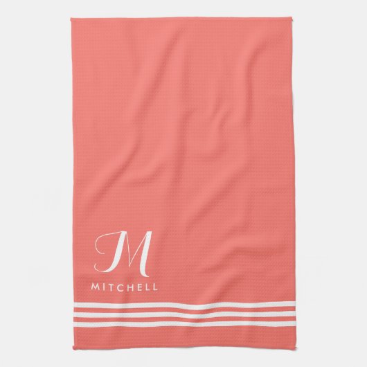 Koraal en wit, verfijnde strips en monogram theedoek (Verticaal)