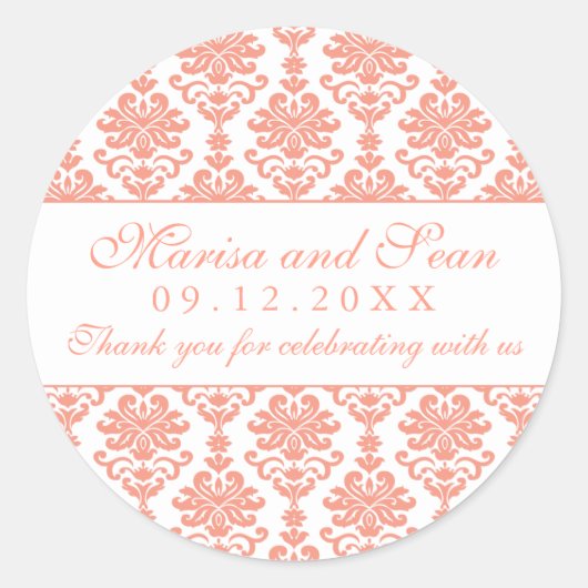  koraal en witte damast bruiloft monogram ronde sticker (Voorkant)