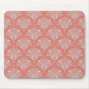 Koraal en witte elegante bloemendamask muismat