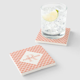 Koraal en Witte Geometrische Moderne Monogram Stenen Onderzetter