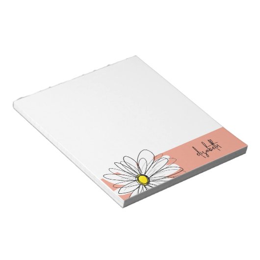 Koraal en witte grillige Daisy met aangepaste teks Notitieblok (Schuin)