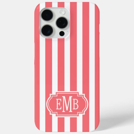 Koraal en witte monogramstrepen Case-Mate iPhone case (Achterkant)