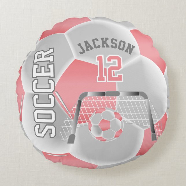 Koraal en witte voetbal | DIY-naam Rond Kussen (Voorkant)