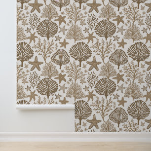 Koraal en zeesterren neutraal toonpatroon behang