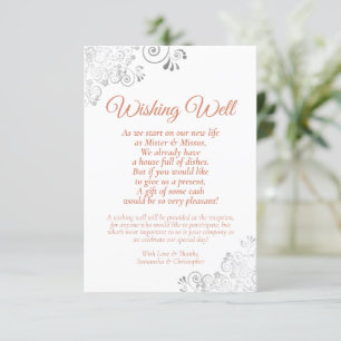 Koraal en zilver op Wishing Well Poem over witte b Informatiekaartje