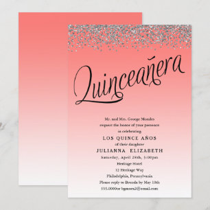 Koraal en Zilveren Quinceanera Verjaardag Uitnodig Kaart