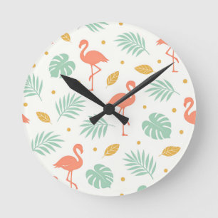 Koraal Flamingo Tropisch Blad Patroon Ronde Klok