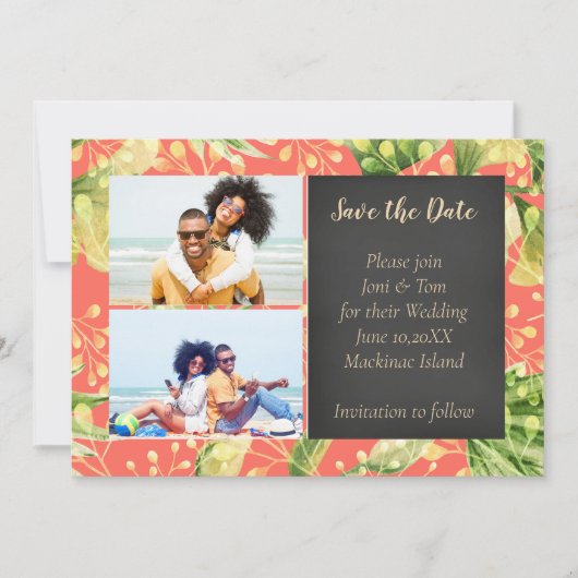 Koraal Floral Foto Weddenschap Save the Date (Voorkant)