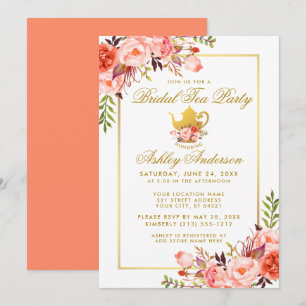 Koraal Floral Gold Vrijgezellenfeest Tea Party Inv Kaart