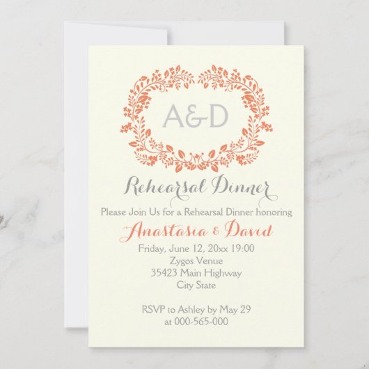 Koraal gebladerte initialen bruiloft repetitie din kaart (Voorkant)