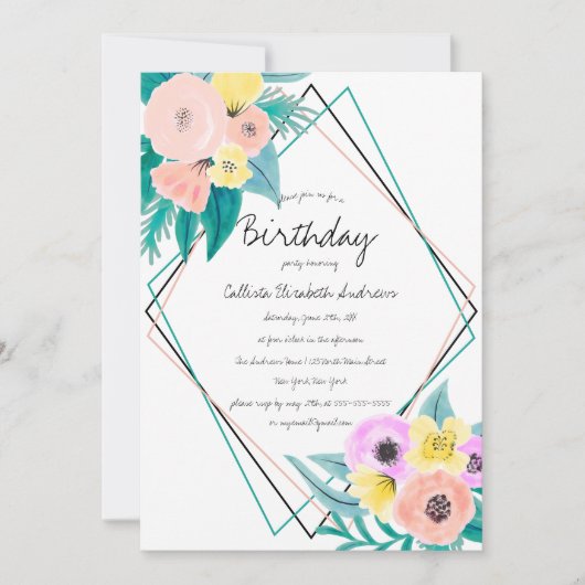 Koraal Geel Bloemen Waterverf Geo Lijst Verjaardag Kaart (Voorkant)