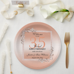 Koraal Gem en Glitter 35th Wedding Jubileum Papieren Bordje