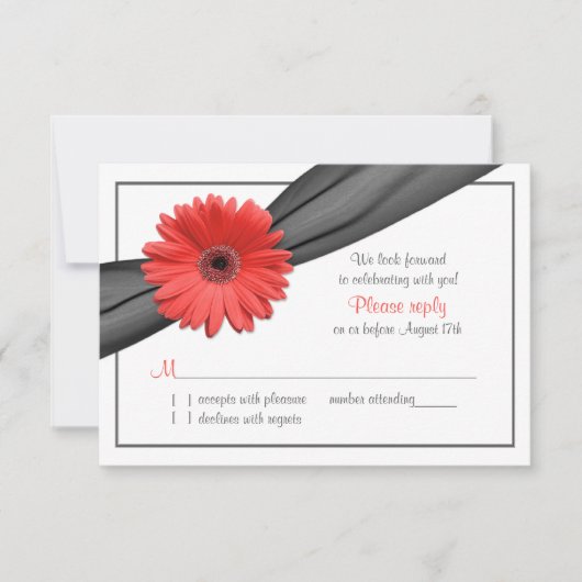 Koraal Gerber Daisy Grey Lint Bruiloft RSVP (Voorkant)