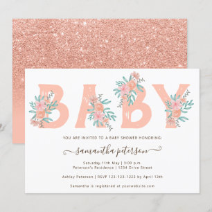 Koraal glitter floral waterverf letter baby shower kaart