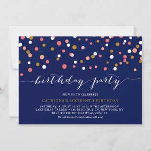 Koraal & Gouden Confetti Stippen Blauwe Verjaardag Kaart