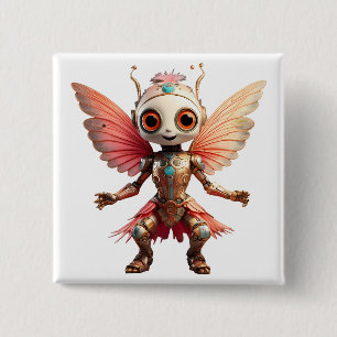 Koraal Gouden Schattige Dansende Robot Pixie Vierkante Button 5,1 Cm