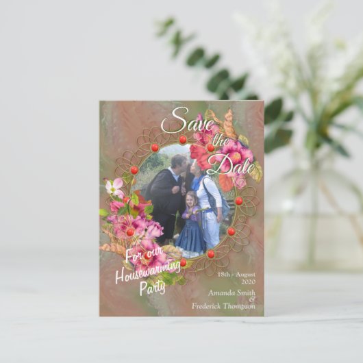 Koraal, gras en pony-roze bloei aankondigingskaart (Staand voorkant)