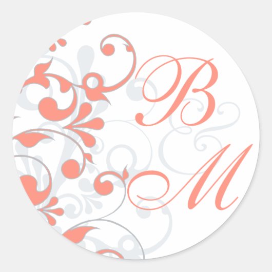 Koraal, Grijs, Wit Abstract Bloemen Envelopzegel Ronde Sticker (Voorkant)