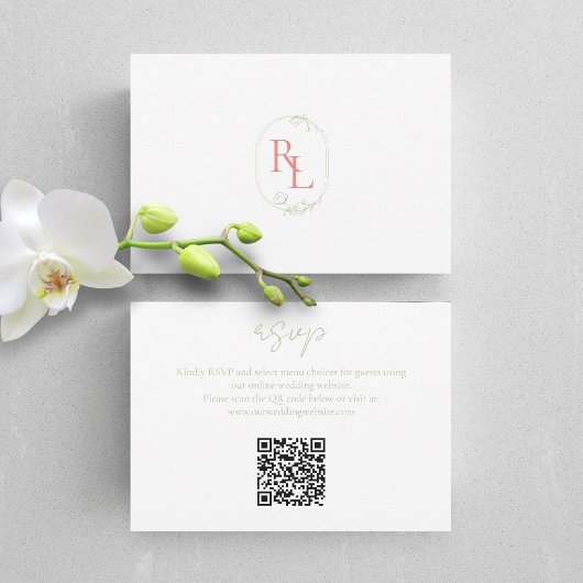 Koraal Groen Wit Bloemen Monogram QR Bruiloft RSVP