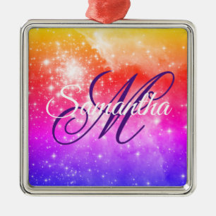 Koraal Hot Roze en Paarse Hemelverloop Monogram Metalen Ornament