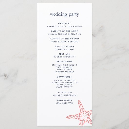 Koraal & Marine Starfish Wedding Ceremony Programm Programma (Achterkant)