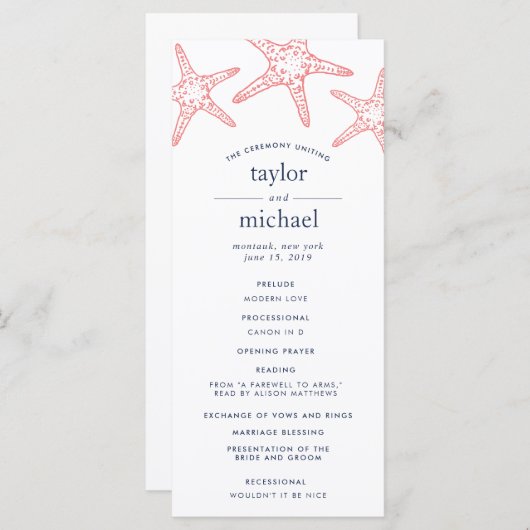 Koraal & Marine Starfish Wedding Ceremony Programm Programma (Voorkant / Achterkant)