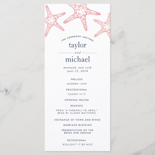 Koraal & Marine Starfish Wedding Ceremony Programm Programma (Voorkant)