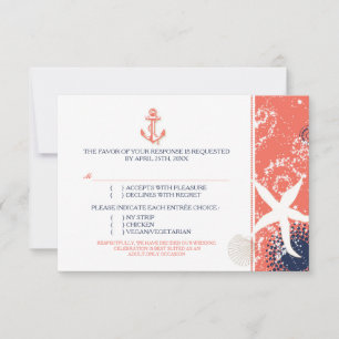 Koraal Marineblauw Witte Zeevaart Bruiloft Hoofdge RSVP Kaartje