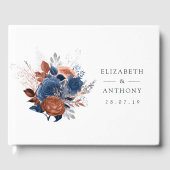 Koraal, marineblauwe en zilveren bloemige trouwfee gastenboek (Voorkant)