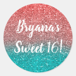 Koraal Meloen Oranje Turkoois Aqua Groen Glitteren Ronde Sticker