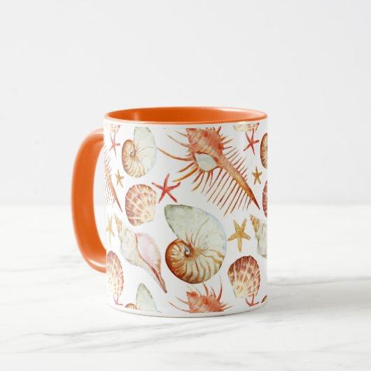 Koraal met schelpen en krabbetpatroon mok (Voorkant links)