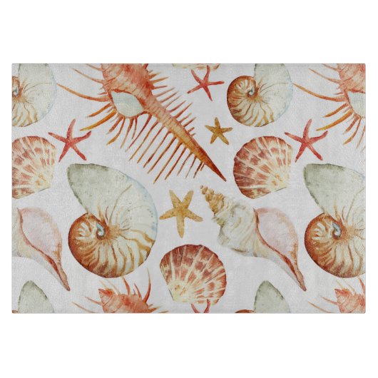 Koraal met schelpen en krabbetpatroon snijplank (Voorkant)